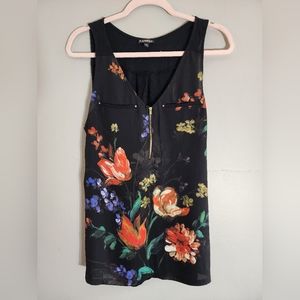 EXPRESS - L - BLACK AND FLORAL TANK TOP - FUN GOLD ZIP & STUDS